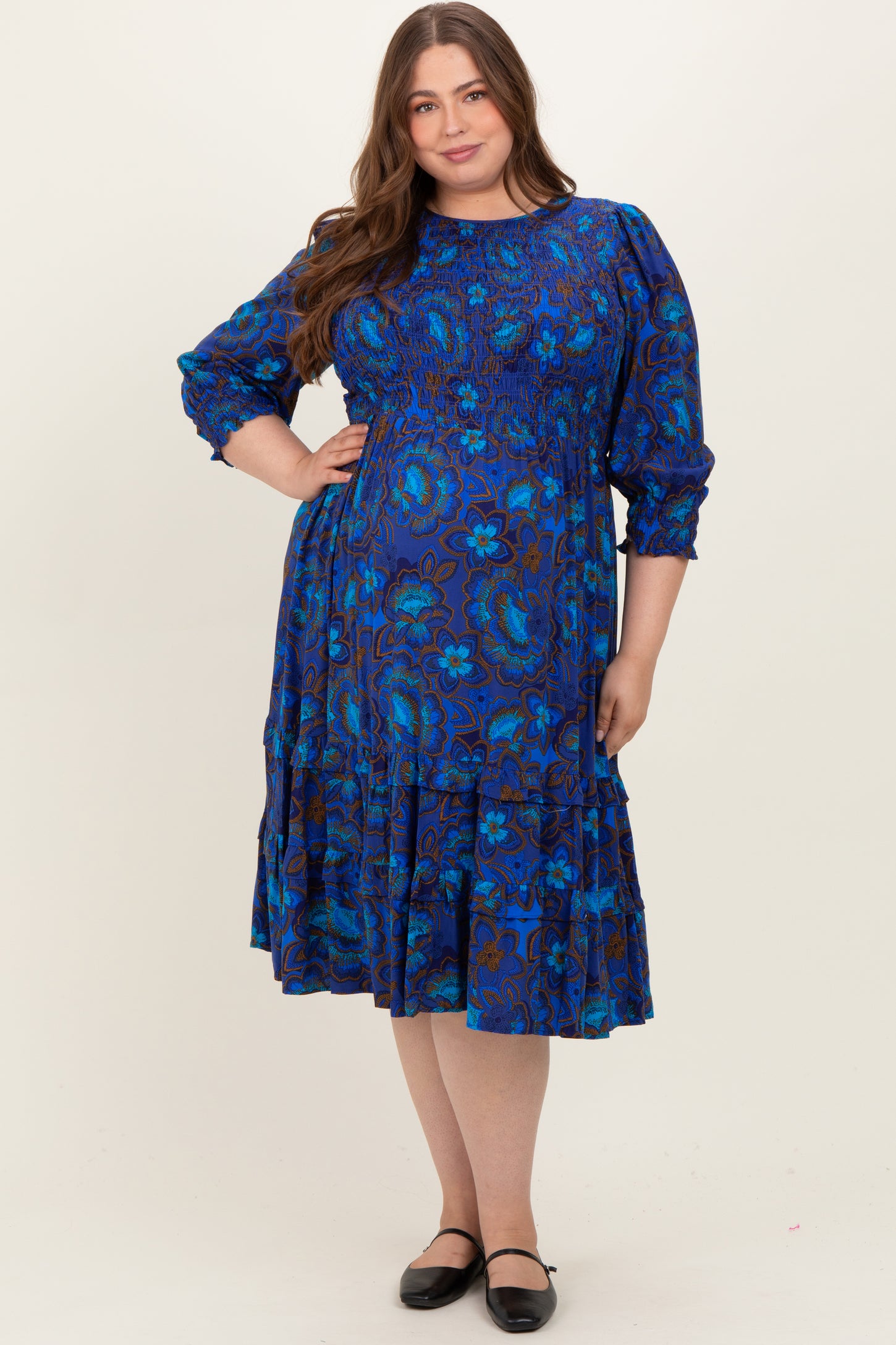 Navy Blue Floral Tiered Plus Maternity Midi Dress