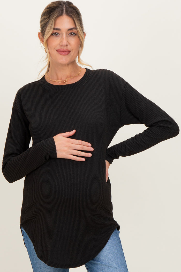 Black Solid Ribbed Long Sleeve Maternity Tunic Top