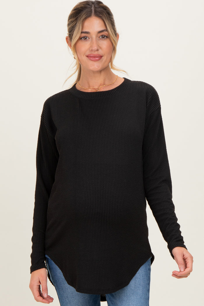 Black Solid Ribbed Long Sleeve Maternity Tunic Top