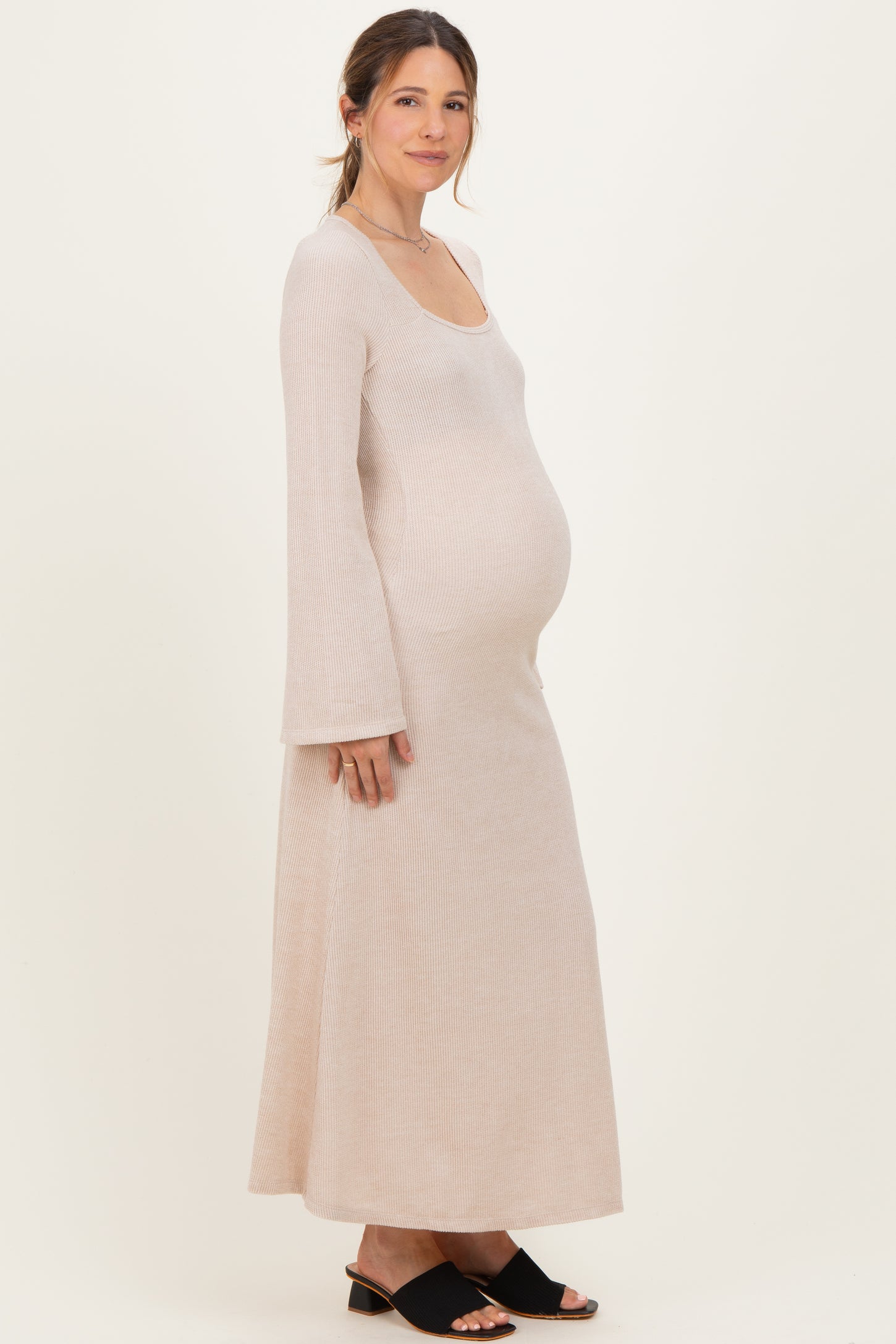 Cream Solid Ribbed Long Sleeve Square Neck Maternity Maxi Dress