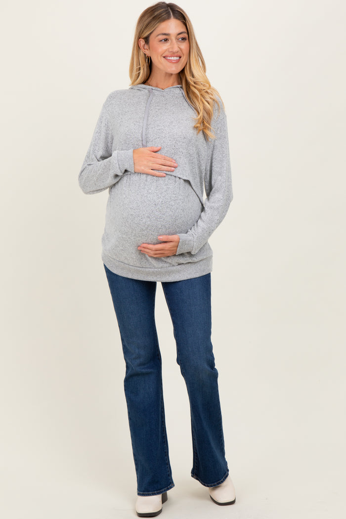 Heather Grey Double Layer Long Sleeve Maternity Nursing Hoodie