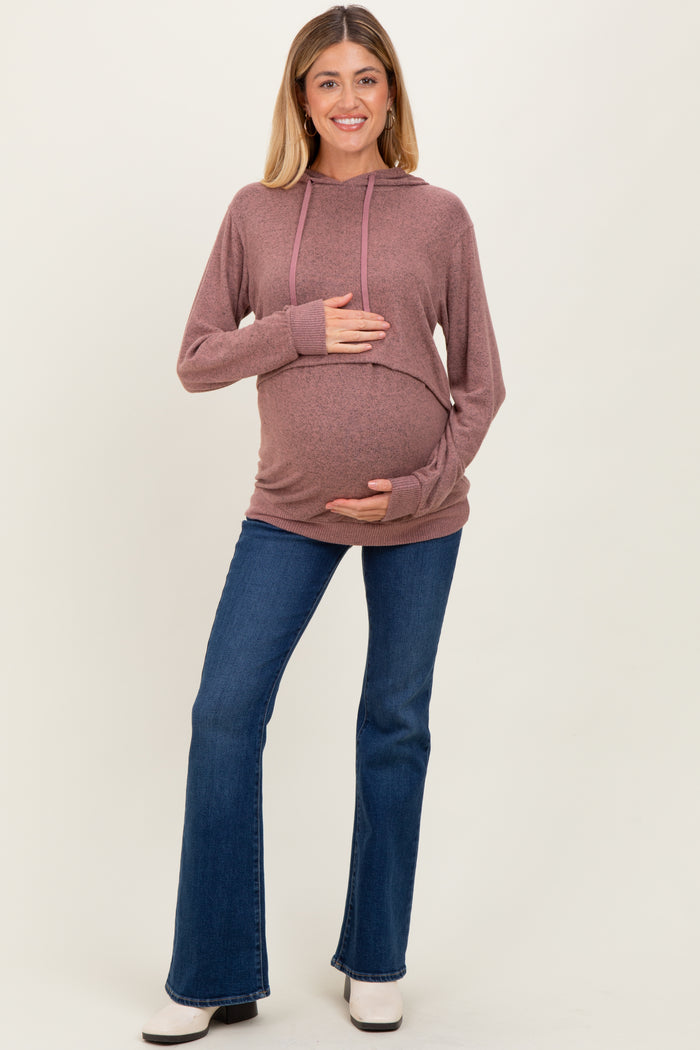 Mauve Double Layer Long Sleeve Maternity Nursing Hoodie
