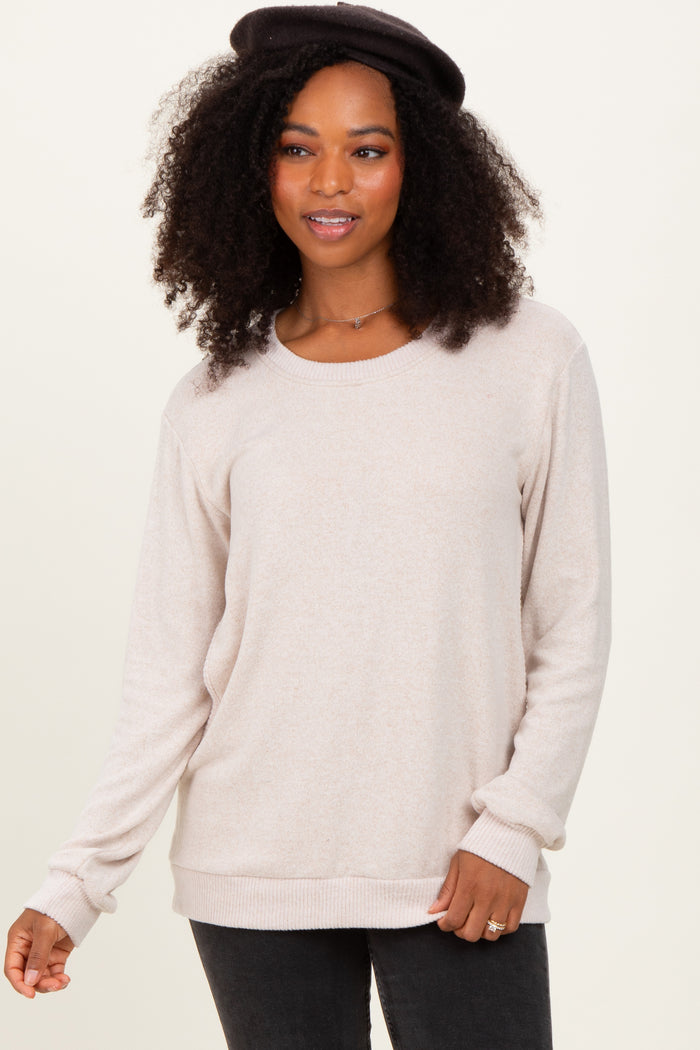 Beige V-Neck Double Layer Maternity Nursing Pullover Top