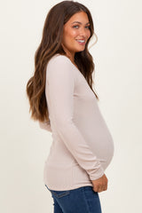 Taupe Ribbed Long Sleeve Maternity Henley Top