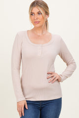 Taupe Ribbed Long Sleeve Henley Top