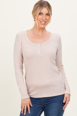 Taupe Ribbed Long Sleeve Henley Top