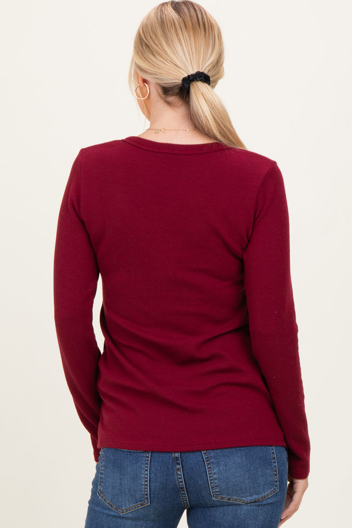 Burgundy Ribbed Long Sleeve Henley Top