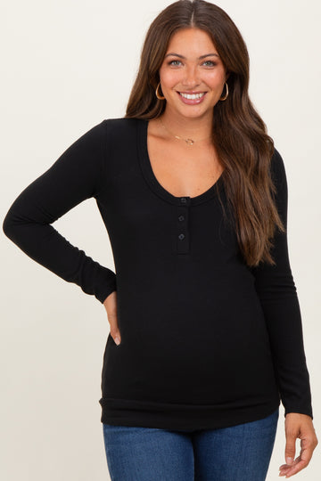 Black Ribbed Long Sleeve Maternity Henley Top