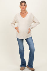 Beige V-Neck Long Sleeve Maternity Pullover Top