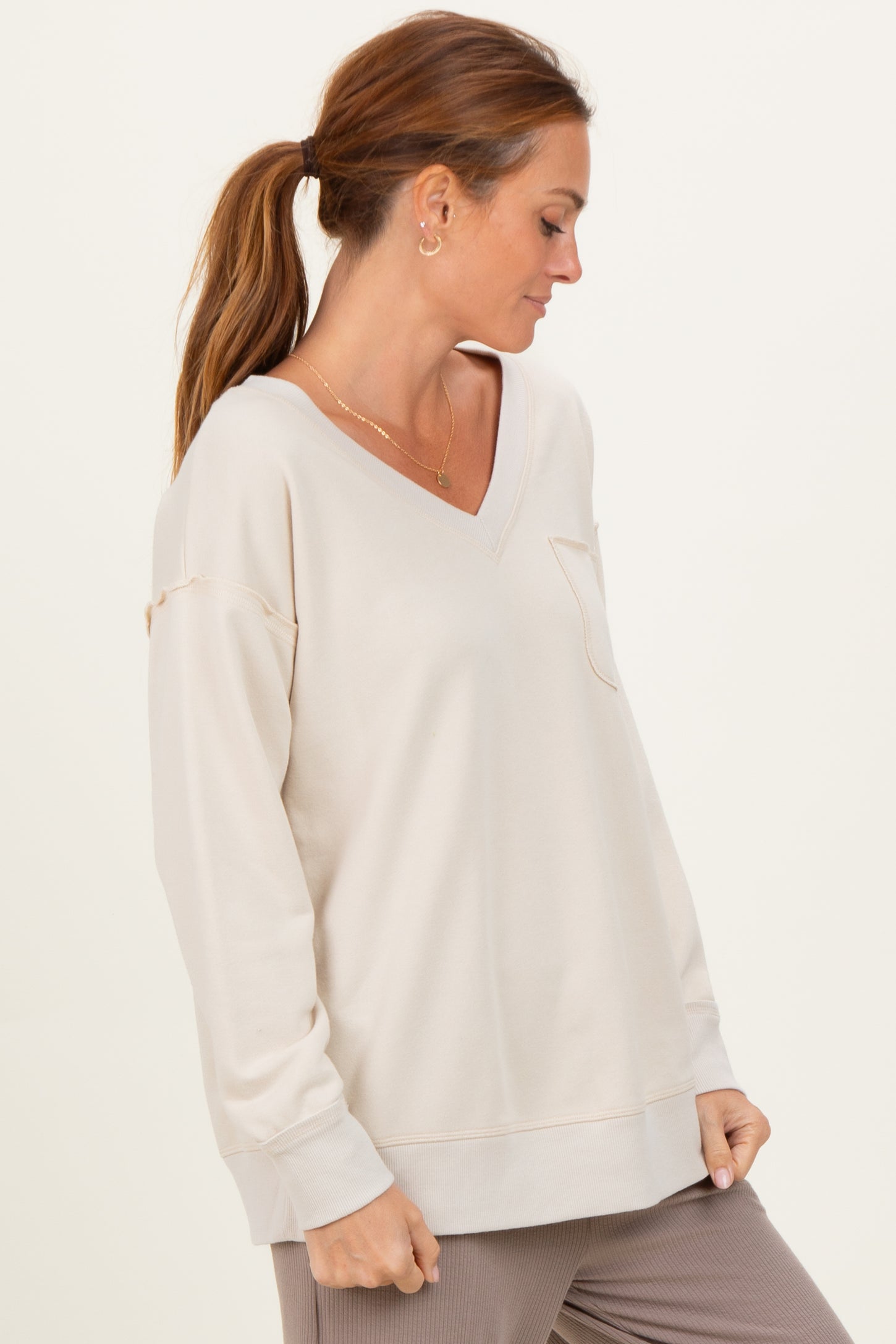 Beige V-Neck Long Sleeve Pullover Top