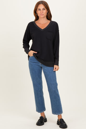 Black V-Neck Long Sleeve Pullover Top