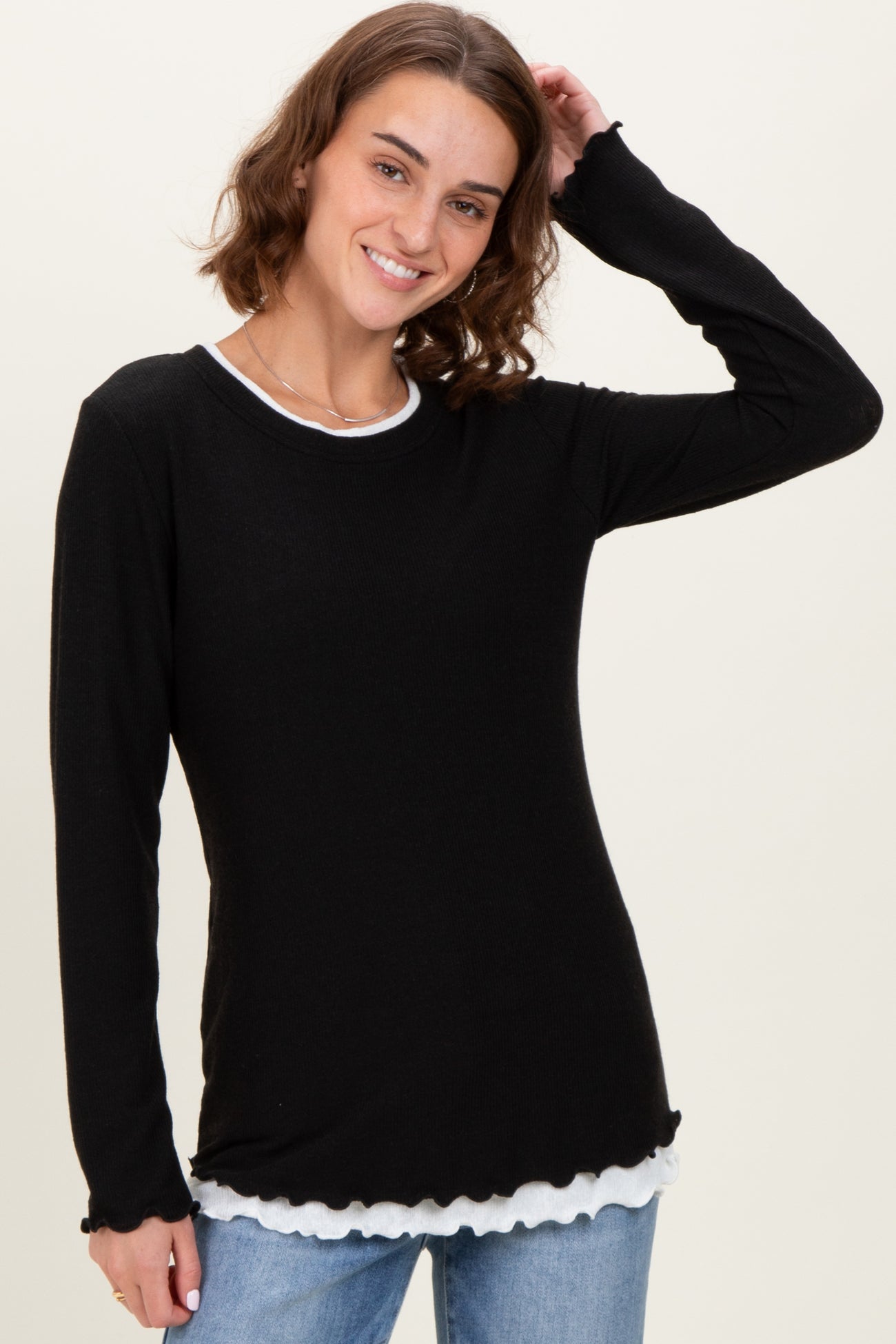 Black/White Ribbed Long Sleeve Maternity Twofer Top
