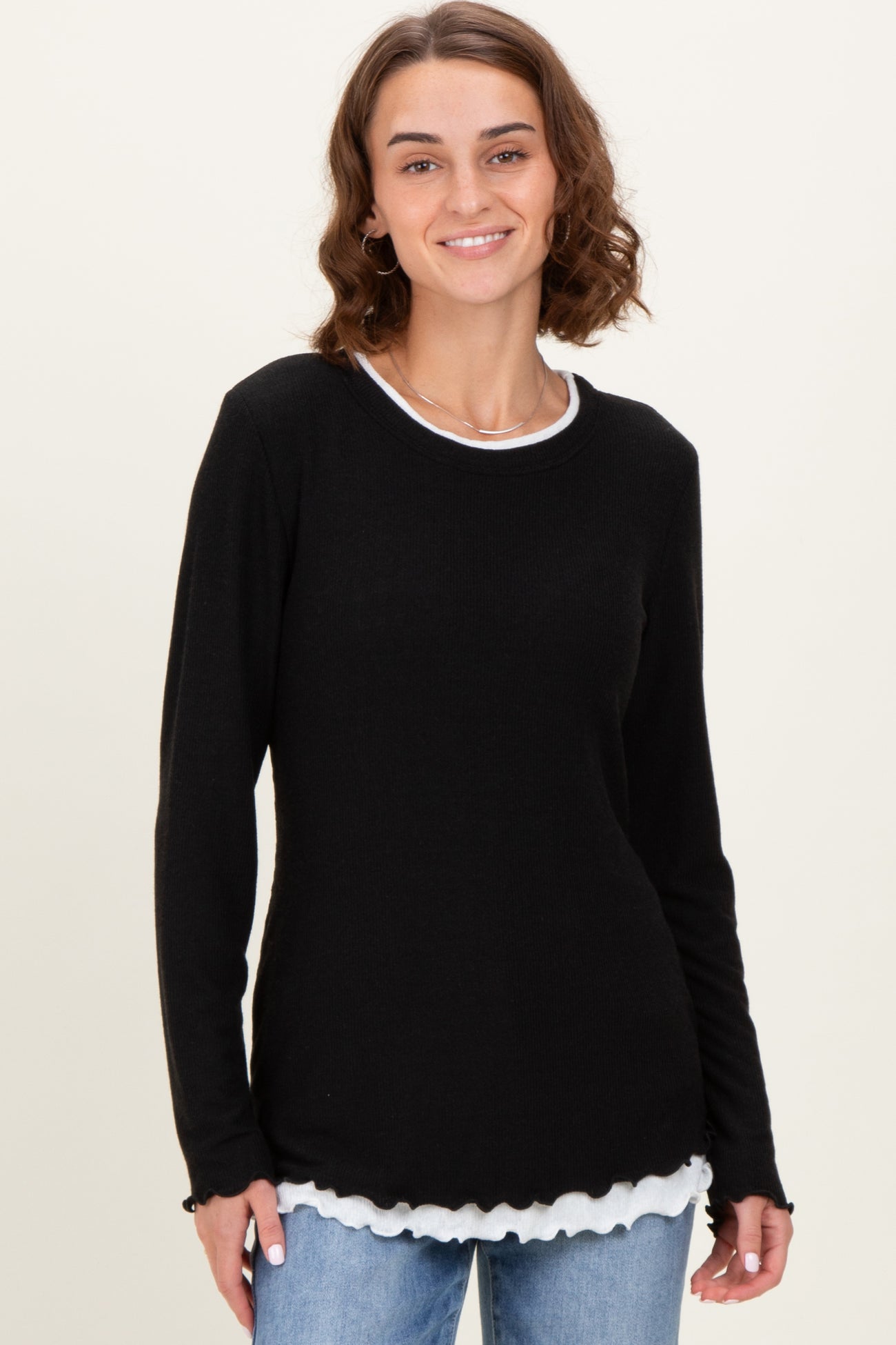 Black/White Ribbed Long Sleeve Twofer Top