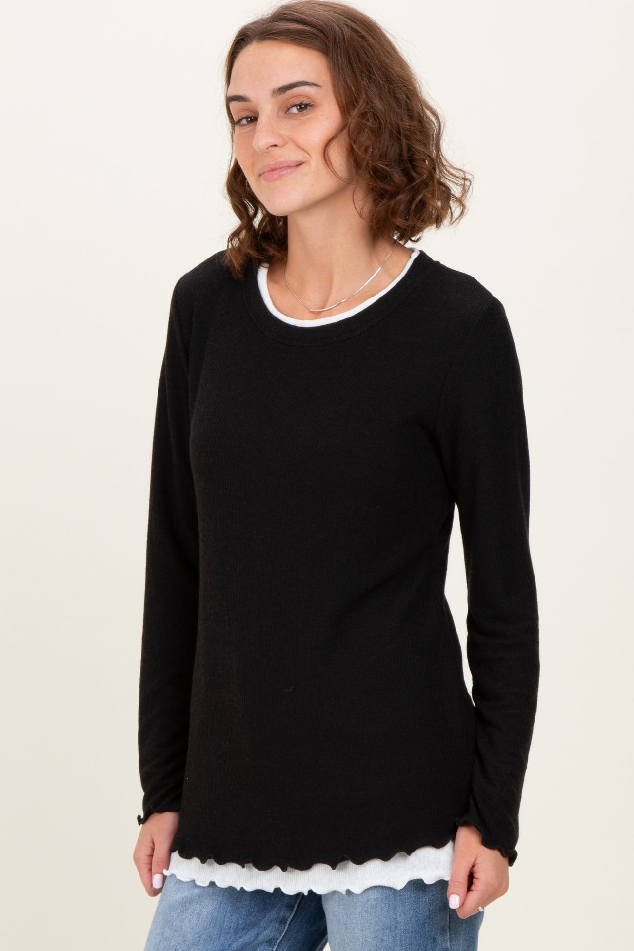 Black/White Ribbed Long Sleeve Twofer Top