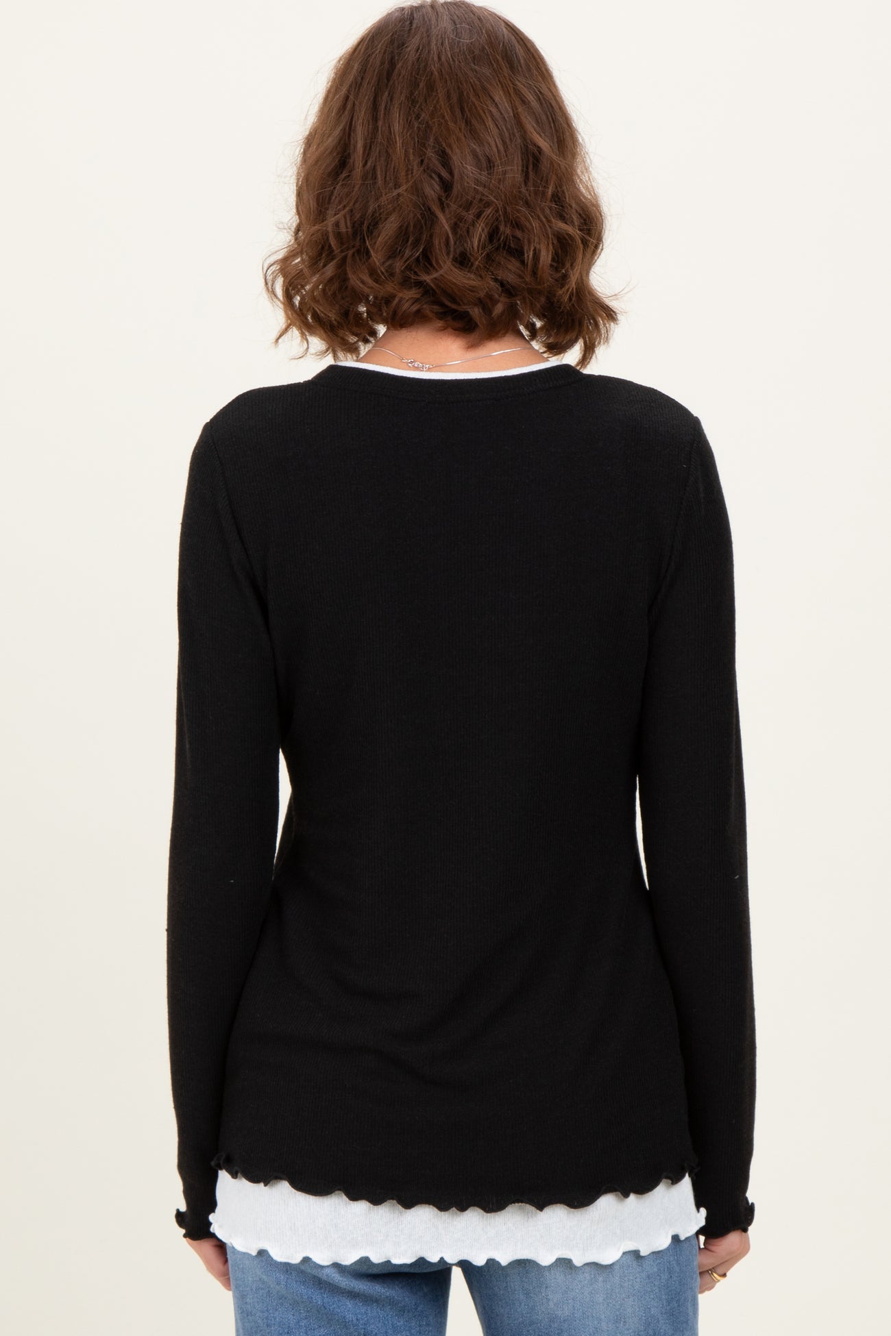 Black/White Ribbed Long Sleeve Twofer Top