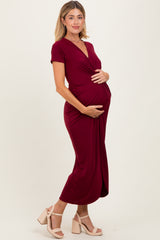Burgundy Gathered Front Short Sleeve Maternity Maxi Dress