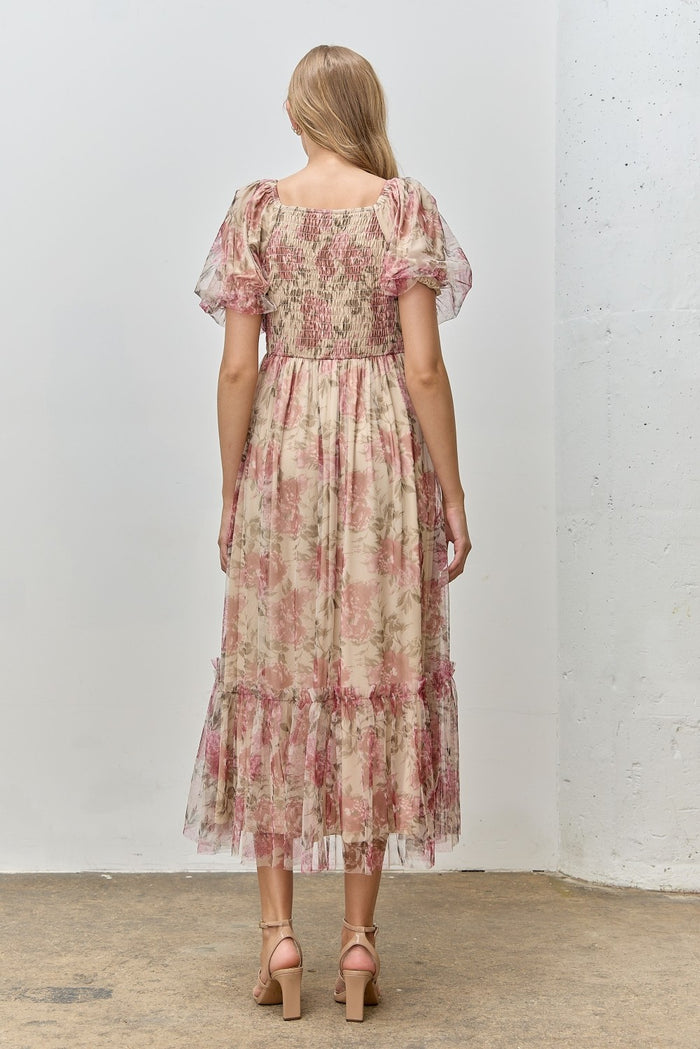 Mauve Floral Printed Tulle Puff Sleeve Midi Dress