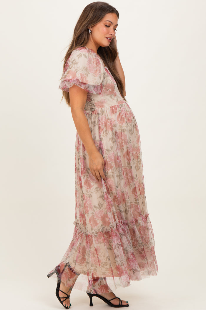 Mauve Floral Printed Tulle Puff Sleeve Maternity Midi Dress