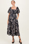 Black Floral Puff Sleeve Smocked Waist Maternity Midi Dress