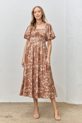 Rust Floral Puff Sleeve Smocked Waist Midi Dress