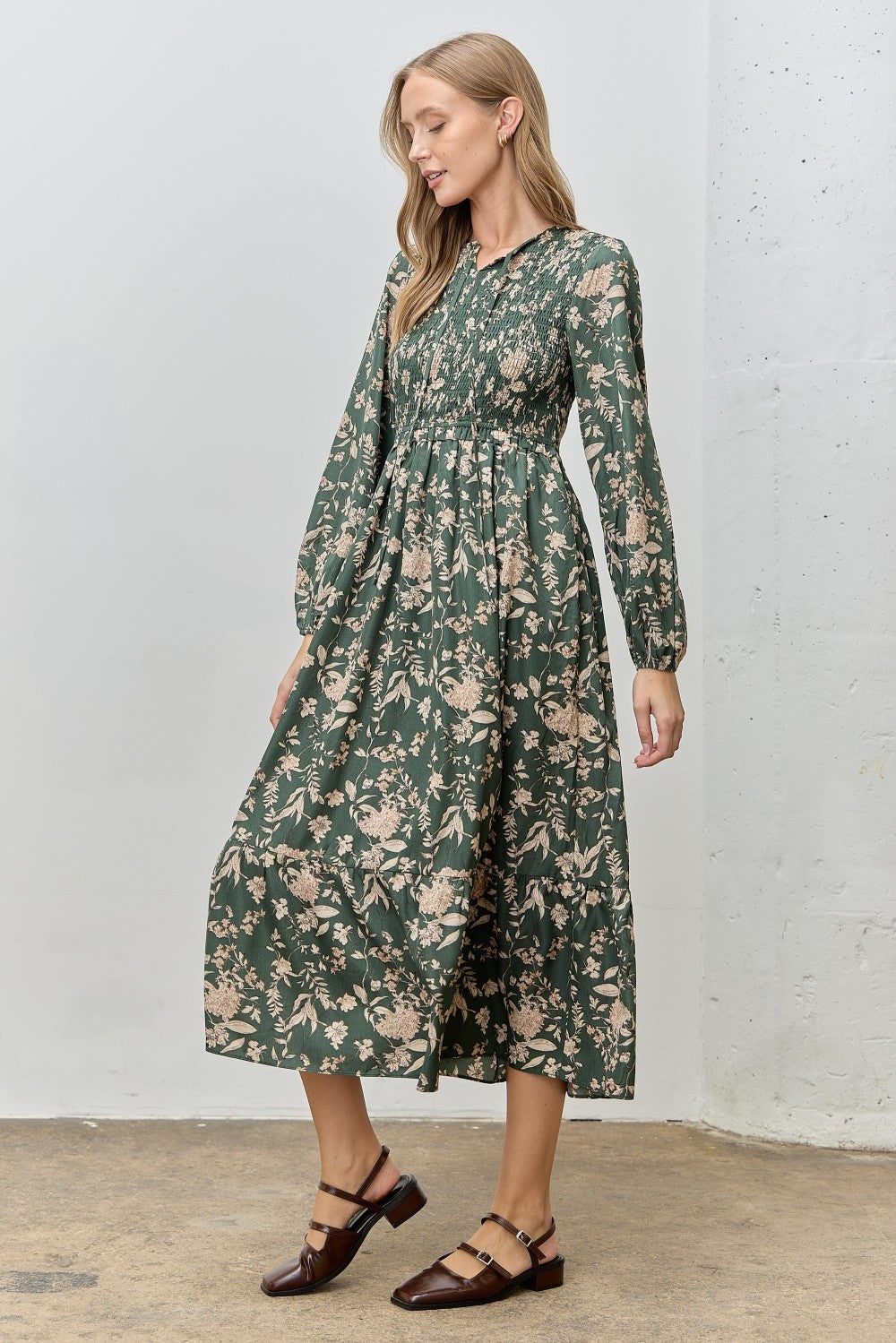 Green Floral Smocked Long Sleeve Midi Dress