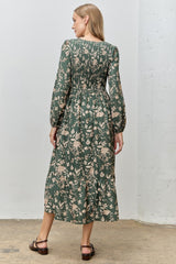 Green Floral Smocked Long Sleeve Midi Dress
