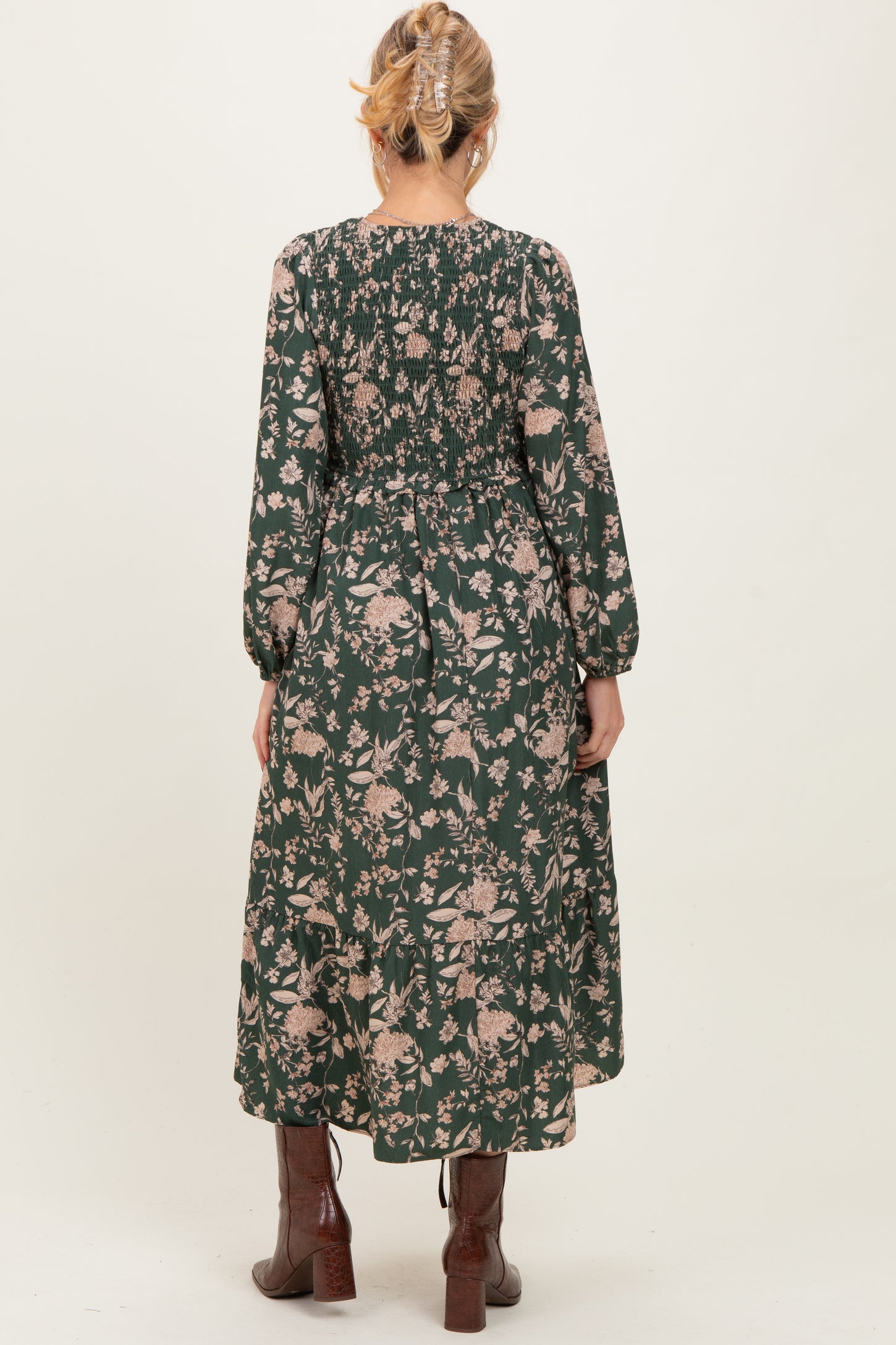 maternity wear long sleeve green floral dress with smocked back and flowing skirt, model viewed from the back