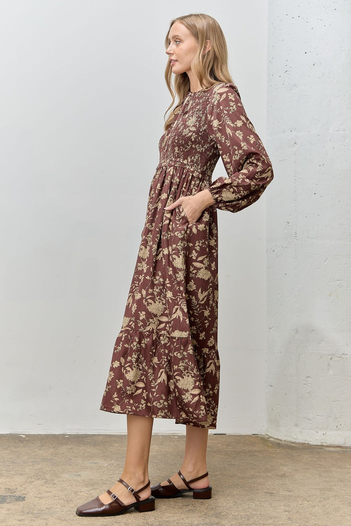 Brown Floral Smocked Long Sleeve Midi Dress