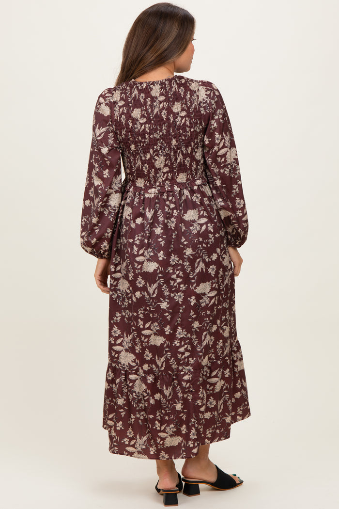 Brown Floral Smocked Long Sleeve Maternity Midi Dress