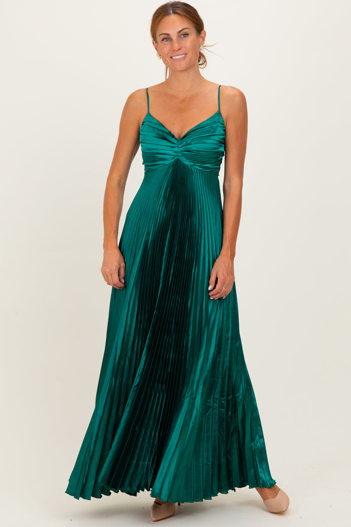 Forest Green Pleated Satin Sleeveless Maxi Dress