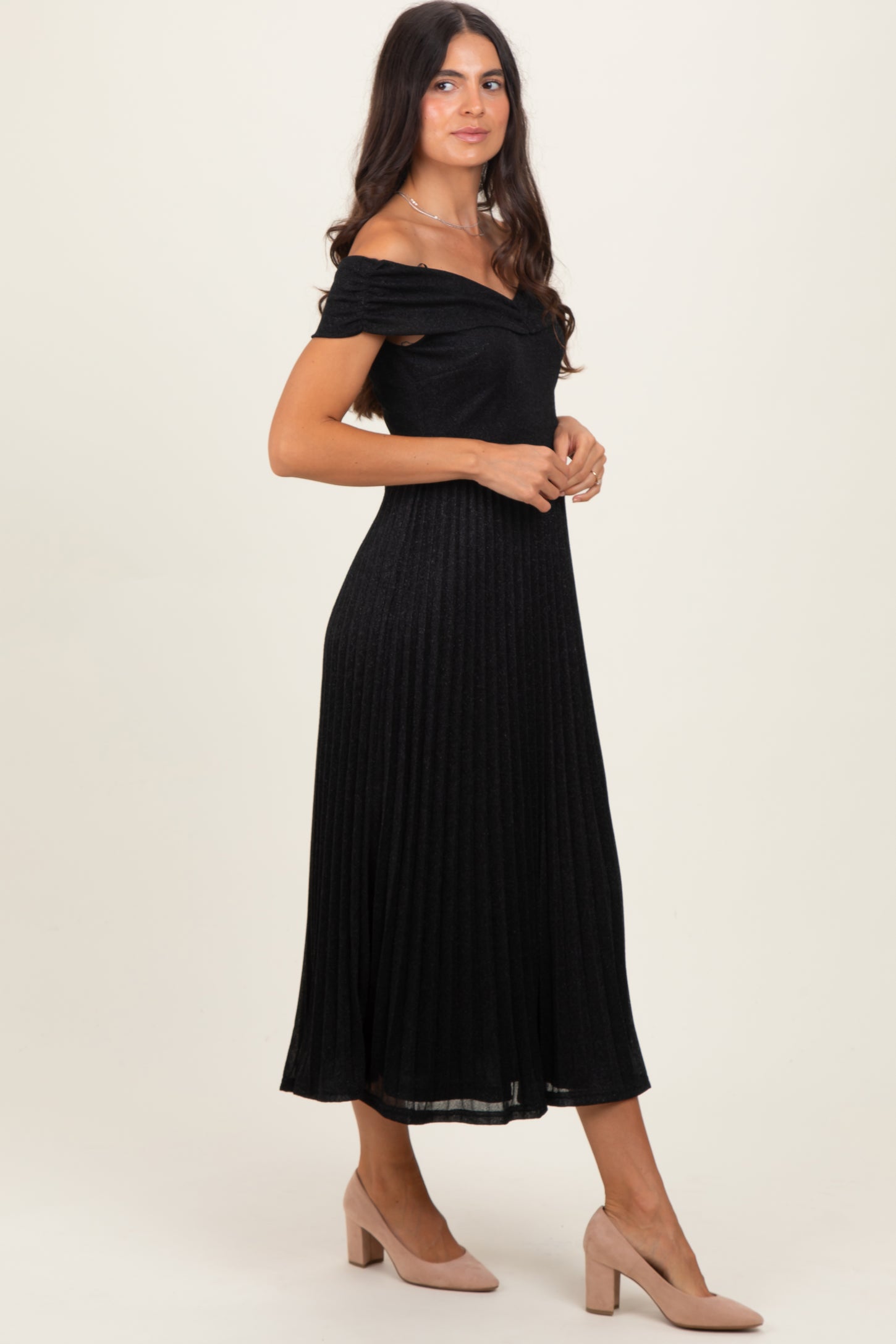 Black Shimmer Off Shoulder Pleated Midi Dress