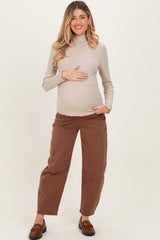 Brown Ankle Barrel Leg Maternity Jeans