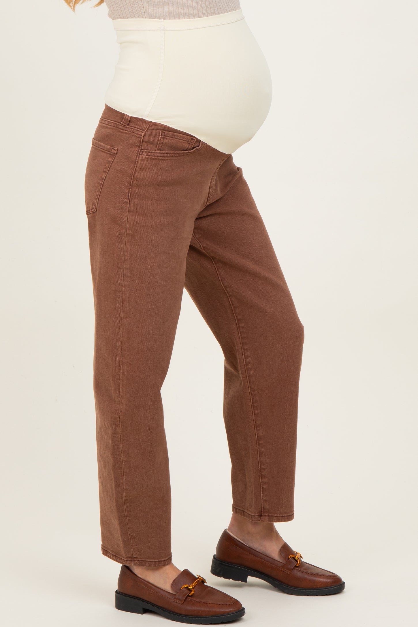 Brown Ankle Barrel Leg Maternity Jeans