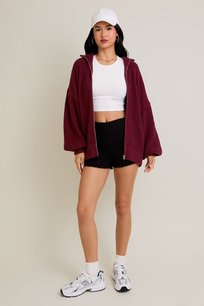 Burgundy Oversized Zip Up Cardigan