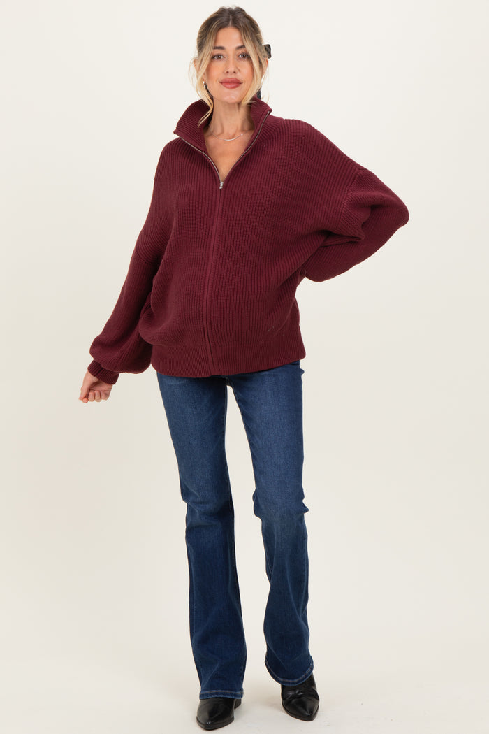 Burgundy Oversized Zip Up Maternity Cardigan