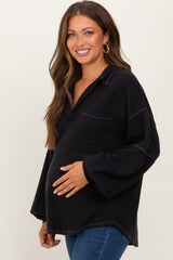 Black Solid Ribbed Long Sleeve Pocketed Collared V-Neck Maternity Top