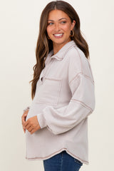 Beige Solid Ribbed Long Sleeve Pocketed Collared V-Neck Maternity Top
