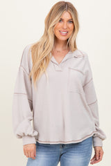 Beige Solid Ribbed Long Sleeve Pocketed Collared V-Neck Top