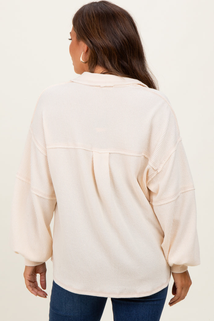 Cream Solid Ribbed Long Sleeve Pocketed Collared V-Neck Maternity Top