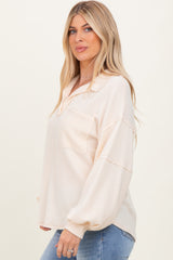 Cream Solid Ribbed Long Sleeve Pocketed Collared V-Neck Top