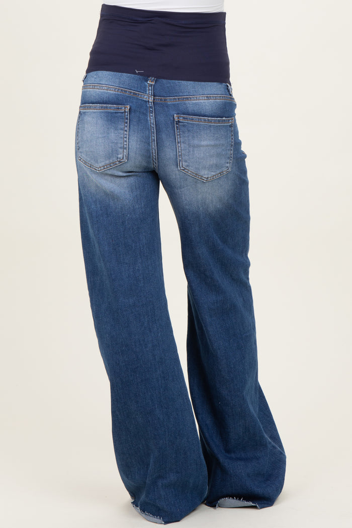 Blue Baggy Raw Hem Wide Leg Maternity Jeans
