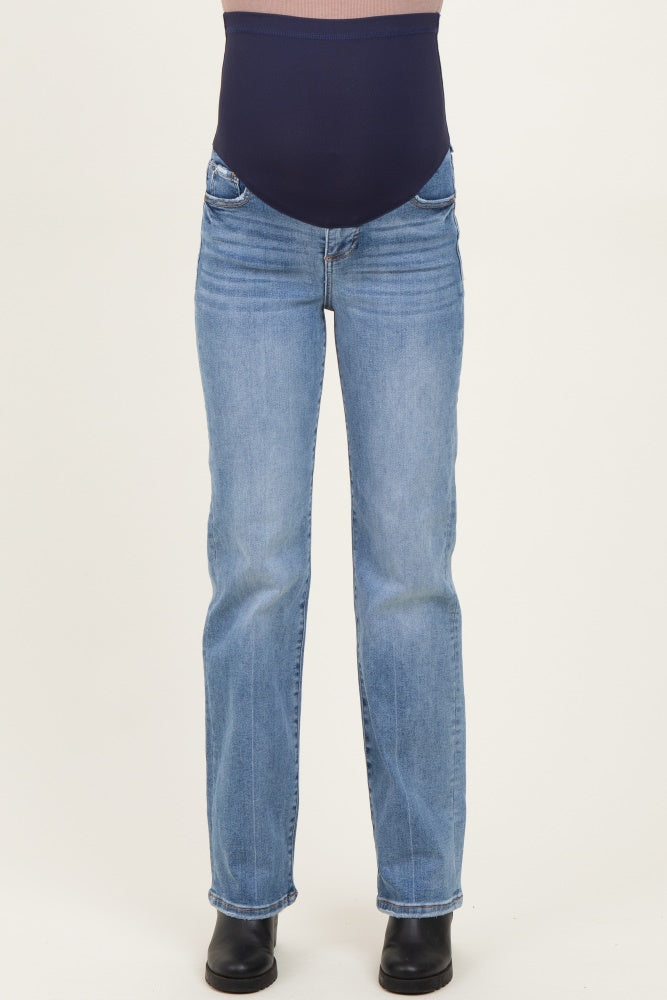 maternity wear dark blue denim jeans with a full belly panel, straight leg style, shown from the front