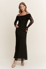 Black Mesh Off Shoulder Long Sleeve Maxi Dress