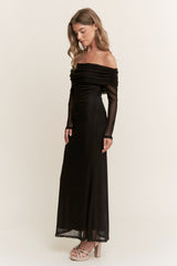 Black Mesh Off Shoulder Long Sleeve Maxi Dress