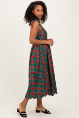 Green Plaid Shoulder Tie Scallop Hem Midi Dress