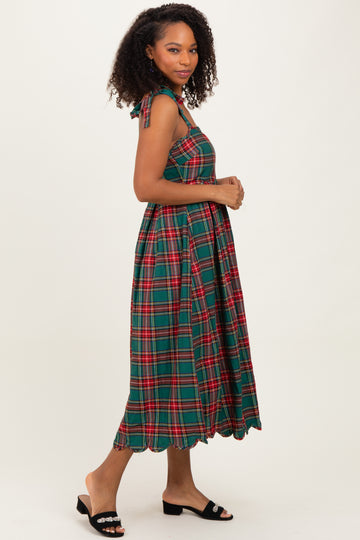 Green Plaid Shoulder Tie Scallop Hem Midi Dress