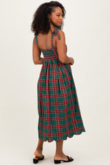 Green Plaid Shoulder Tie Scallop Hem Midi Dress