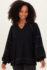 Black Solid Rib Long Sleeve V-Neck Oversized Maternity Tunic Top