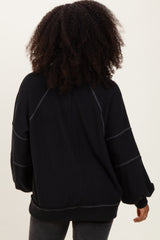Black Solid Rib Long Sleeve V-Neck Oversized Tunic Top