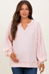 Light Pink Solid Rib Long Sleeve V-Neck Oversized Maternity Tunic Top